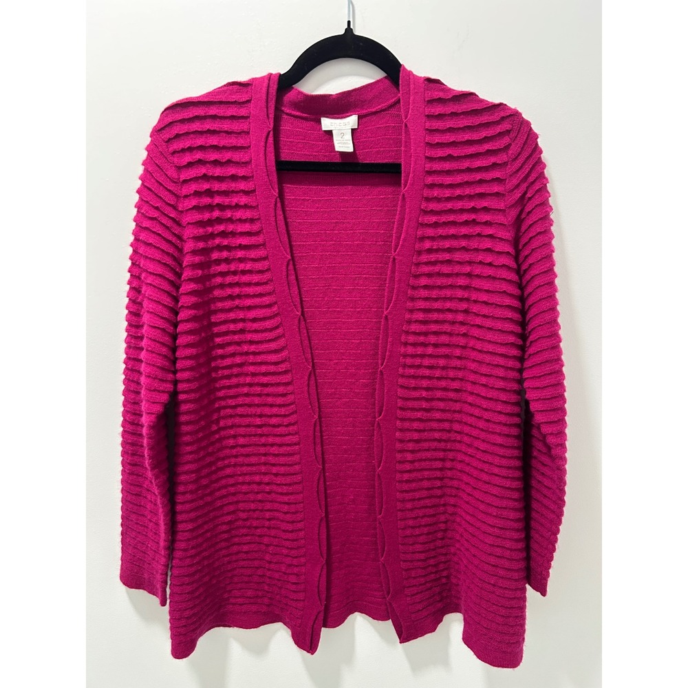 Chicos Magenta Pink Ruffle Tiered Open Front Cardigan Wool Blend Sweater Size 2